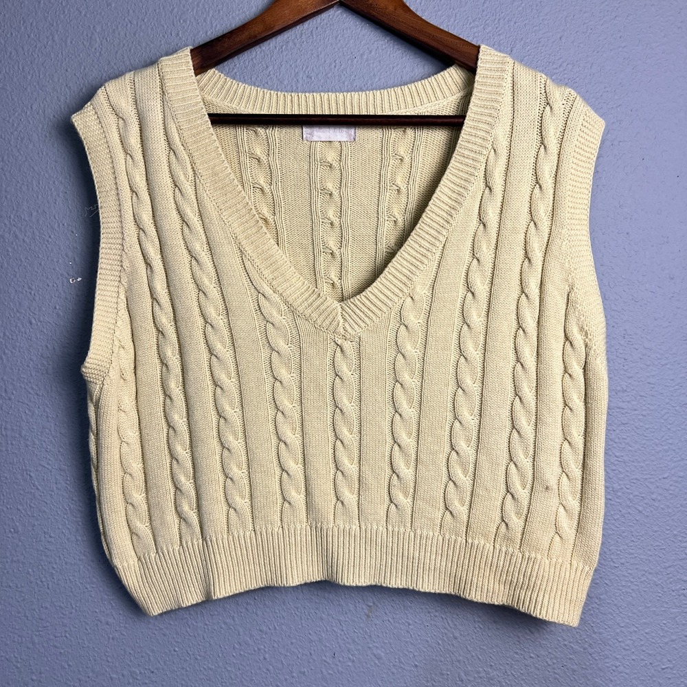 Altar'd State Yellow Coastal Cable Knit Sweater Vest Cropped V Neck Sleeveless L